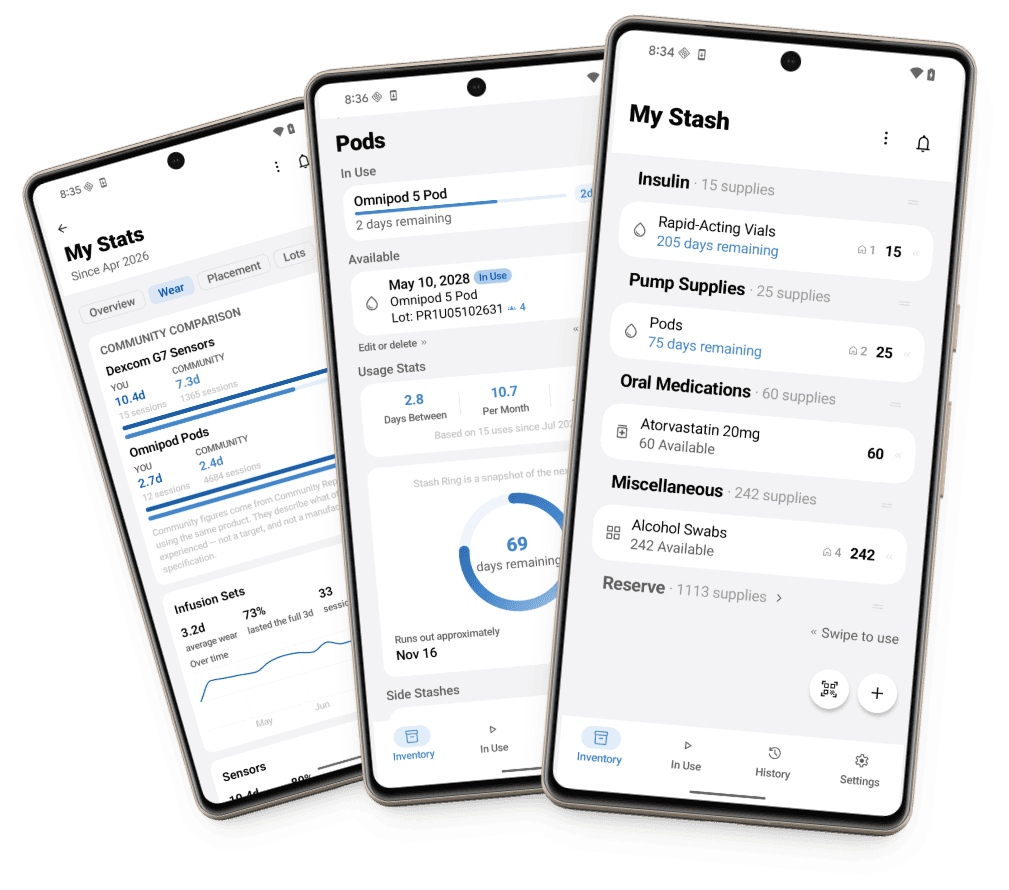 Stash on two Android phones — the My Stash inventory list, and My Stats comparing your sensor wear time against the community's